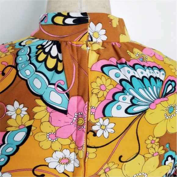 Vintage 1970s Iconic Womens Mini Dress Butterflies Flowers Mod A-line Woodstock - Picture 7 of 16
